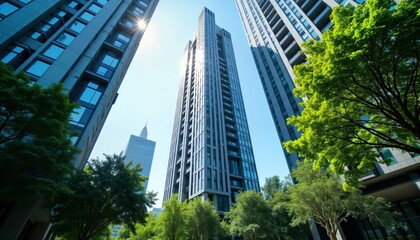 Obraz premium Modern high-rise building with reflective windows surrounded by plants. Sunny daytime view eco-friendly urban design. Sky visible through windows creating sleek look. Tall building stands in green