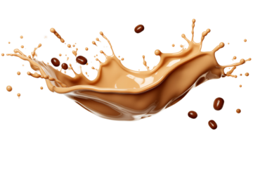Creamy coffee splash with floating coffee beans, creating dynamic and energetic scene. rich texture and color evoke sense of indulgence and warmth, isolated on transparent background.