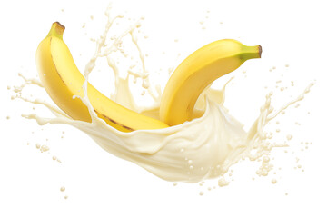 Creamy banana yogurt splash with vibrant yellow bananas creating dynamic scene. smooth texture and fresh fruit evoke sense of deliciousness and fun advertisement concept, transparent background PNG.