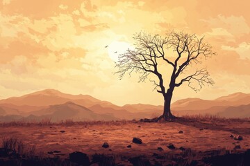 Naklejka premium Lone Tree Silhouette Against Sunset Mountain Landscape