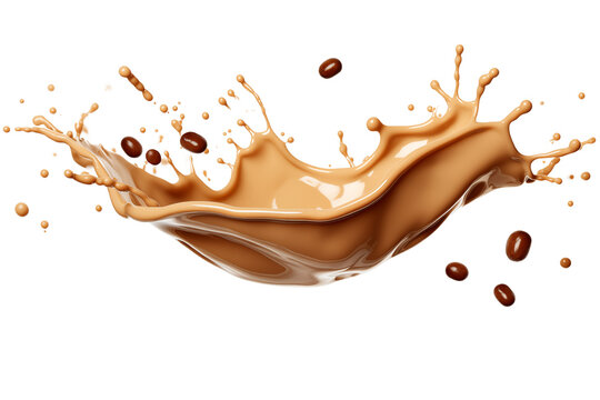 Creamy coffee splash with floating coffee beans, creating dynamic and energetic scene. rich texture and color evoke sense of indulgence and warmth, isolated on transparent background.