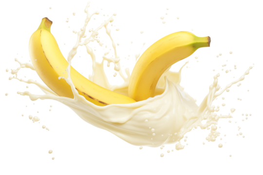 Creamy banana yogurt splash with vibrant yellow bananas creating dynamic scene. smooth texture and fresh fruit evoke sense of deliciousness and fun advertisement concept, transparent background PNG.