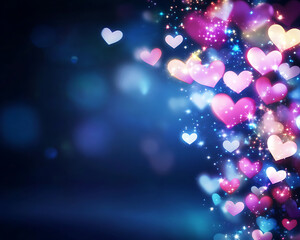Glowing heart bokeh pattern with romantic pink purple blue light effect dark blurred valentine day background magical design