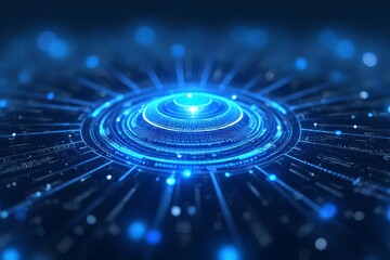 Glowing blue circular pattern with radiating lines on a dark background.
