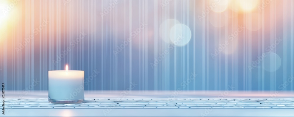 Poster tranquil white candle on simple background with bokeh