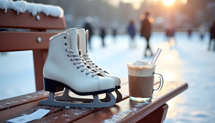 Ice skates on a bench in winter mood with hot chocolate and rental ticket in snowy background