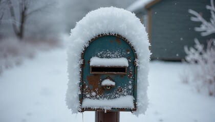 Old mailbox covered with snow in a serene winter setting with soft snowfall