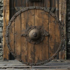 Obraz premium Old Wooden Viking Shield as a Protective Sign for Historical Displays