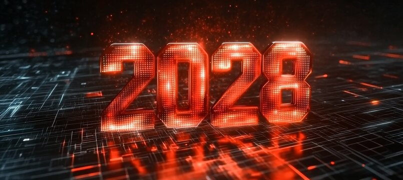 Big Glowing Digital Red Number 2028 in Futuristic Style for New Year 2028 On Abstract background.