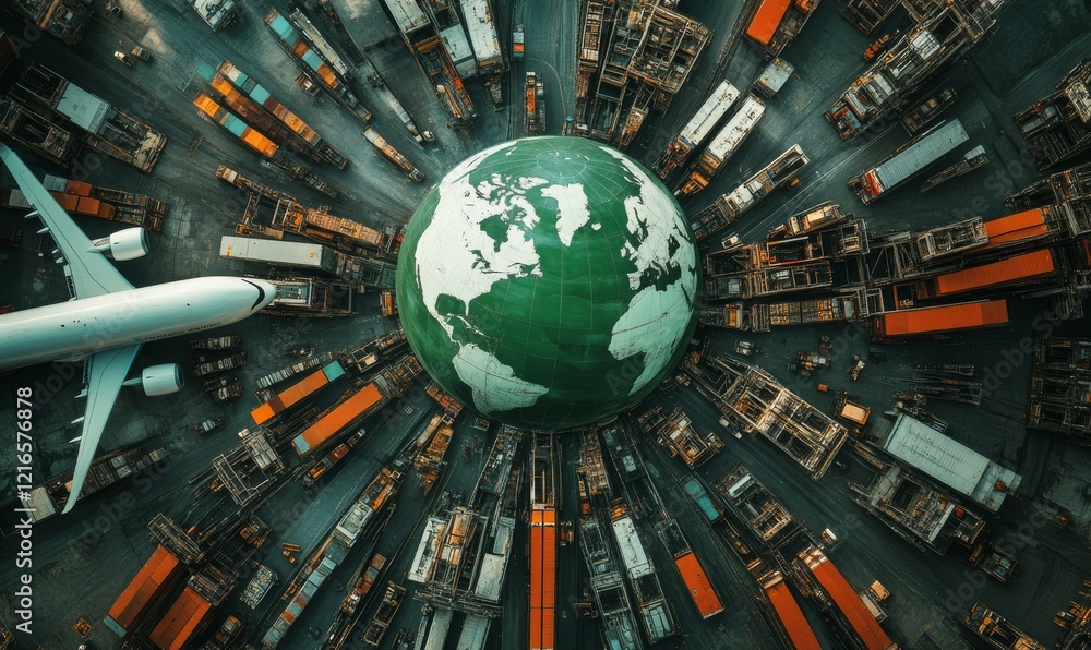 Poster global network of export import processes depicted with green globe surrounded by trucks, containers