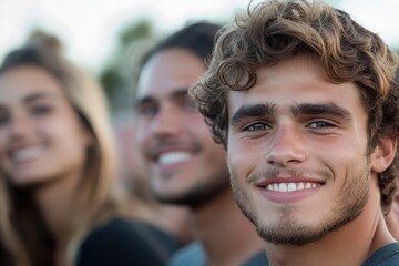 Obraz premium An engaging image featuring smiles of a diverse group of young adults, conveying happiness and unity, representing the vibrant emotions shared during joyful moments together.