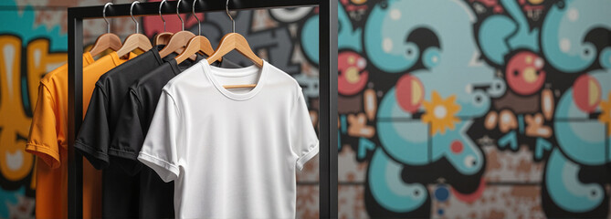 Fototapeta premium Colorful 3D T-Shirt mockup hanging against urban graffiti backdrop