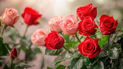 Obraz premium Fresh Red and Pink Roses in Bloom with Lush Green Leaves and Soft Light Effects