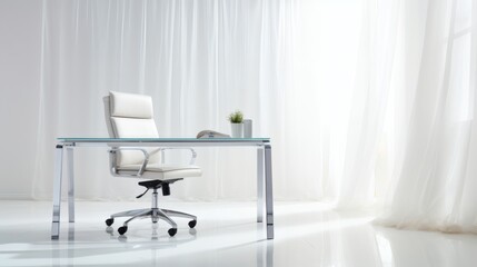 Modern office workspace featuring a glass desk and ergonomic chair in a bright room with sheer curtains