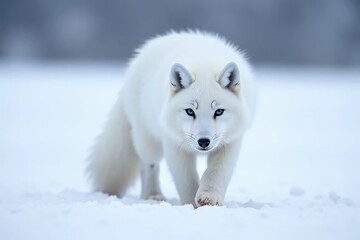 Fototapeta premium Arctic Fox in Winter: A majestic white arctic fox walks confidently through a snowy landscape, its piercing blue eyes reflecting the cold beauty of the environment.