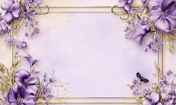 soft puple background with frame and flowers, empty space in the center for text and design