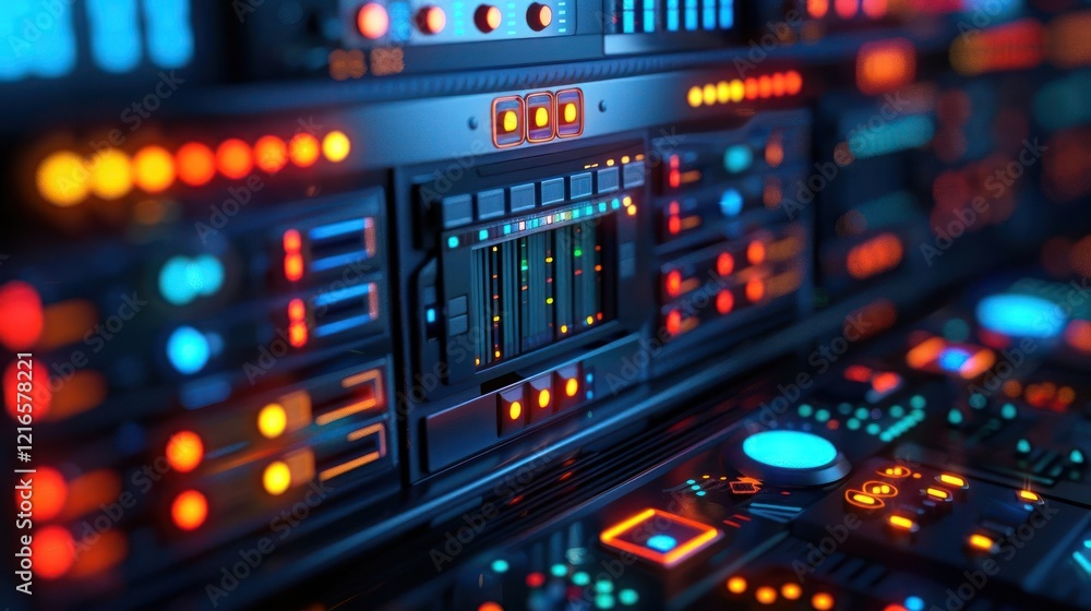 Poster close-up view of a futuristic control panel with glowing buttons and intricate designs