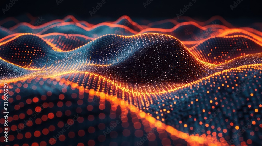 Poster abstract representation of flowing waves with glowing particles, creating a dynamic visual effect