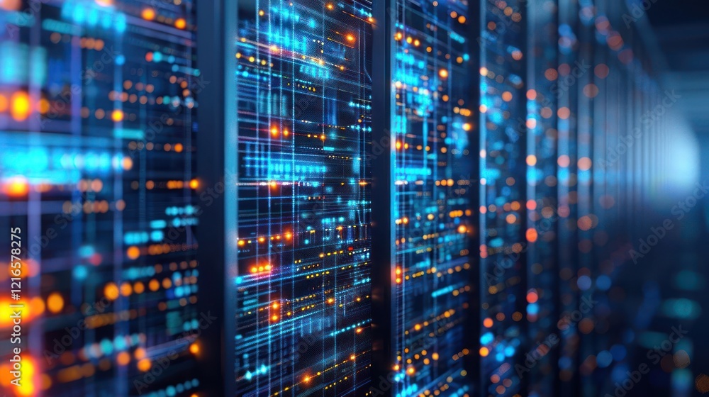 Poster vibrant data center with illuminated servers and colorful circuitry in a high-tech environment