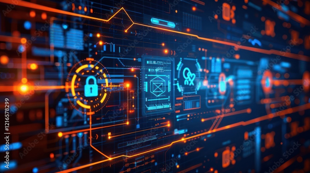 Poster futuristic digital interface showcasing cybersecurity elements with glowing circuits and icons