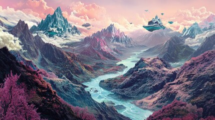 Obraz premium Fantasy landscape of floating islands illustration