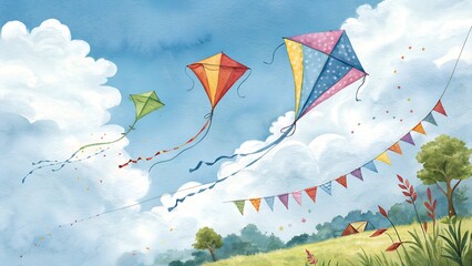Colorful Kites Flying in Blue Sky with Fluffy Clouds, Watercolor Painting of Dreamy Summer Day