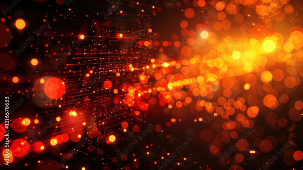 Poster abstract vibrant background with glowing orange and red bokeh lights and digital elements