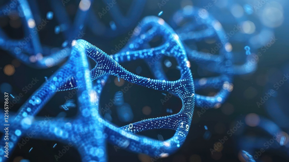 Poster close-up view of a digital dna helix structure representing genetic information and technology