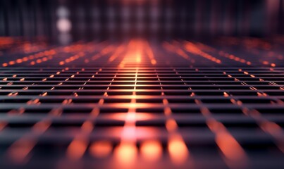 Obraz premium high-tech metal grid structure with blurred futuristic cityscape, metallic grid, glowing neon, high-tech, urban futurism