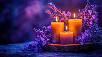 Tranquil Candlelight with Aromatic Lavender Flowers on Wooden Surface