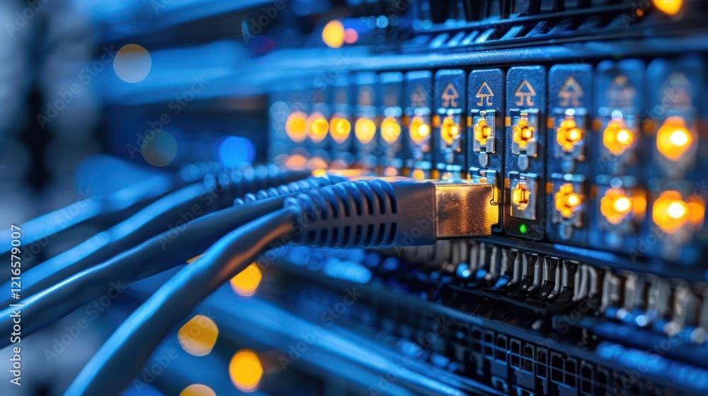 Poster close-up of illuminated network switches with cables connected, showcasing data transmission in a se