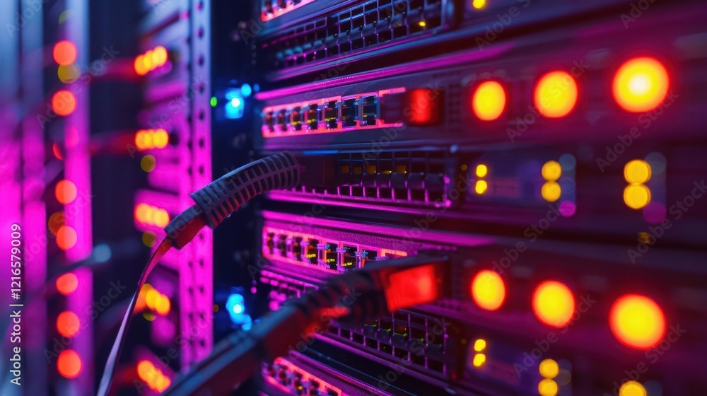 Aufkleber close-up of illuminated server rack with network cables, showcasing technology in a data center