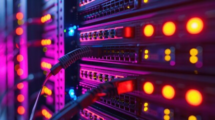 Fototapeta premium Close-up of illuminated server rack with network cables, showcasing technology in a data center