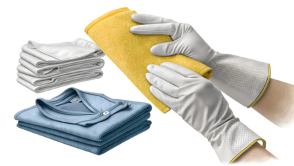 Hand in gloves holding yellow polishing microfiber wiper, clothes set, isolated on white png transparent cut out social media post high quality

