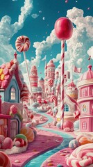 A whimsical candy village nestled amongst fluffy clouds