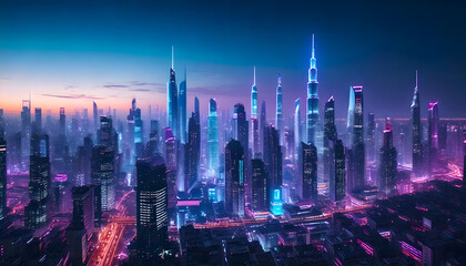 Fototapeta premium Realistic Cyberpunk City Skyline with Purple and Cyan Neon lights