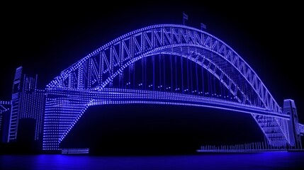 Fototapeta premium Blue Digital Network Outline, Iconic Bridge at Night, Sydney Architecture, Modern Technology