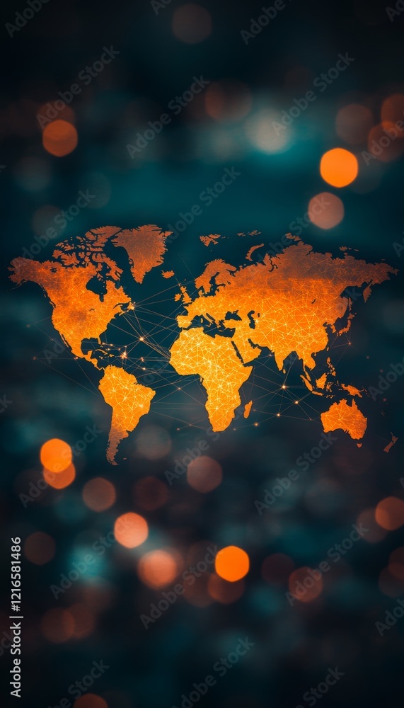 Poster golden world map on bokeh background, symbolizing global network, data flow, and the digital age.