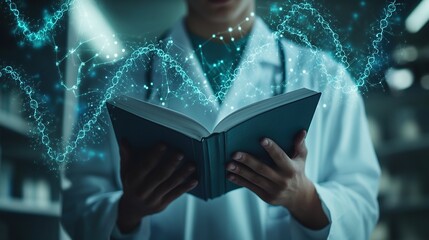 Scientist Holding Open Book with Glowing Blue DNA Strands in Laboratory