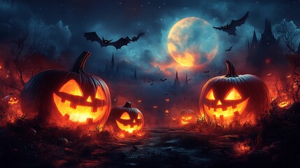 Whimsical invitation card for Halloween 2025 with glowing pumpkins eerie silhouettes and bats flying in a moonlit sky offering a blank rectangular space in the top left corner for RSVP information