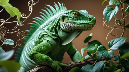 Fototapeta premium A vibrant green lizard perched among lush foliage, showcasing its intricate scales and striking features in a natural setting.
