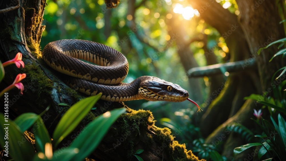 Poster a snake rests on a branch in a lush, green jungle, with sunlight filtering through the trees, creati