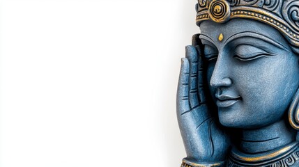 Intricate blue deity statue with peaceful expression and detailed craftsmanship against a neutral background