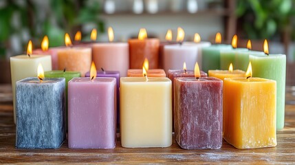 Colorful Square Candles on Wooden Surface with Cozy Flames