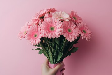A hand holding a pink paper cone with flowers inside, on a solid background