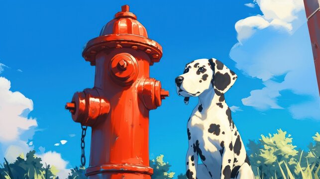 A playful Dalmatian dog sitting beside a bright red fire hydrant on a sunny day outdoors