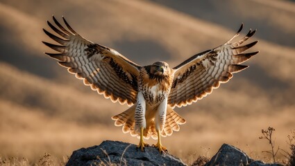 Obraz premium A majestic hawk spreads its wings, perched on a rock with a blurred natural background, showcasing its powerful presence in the wild.