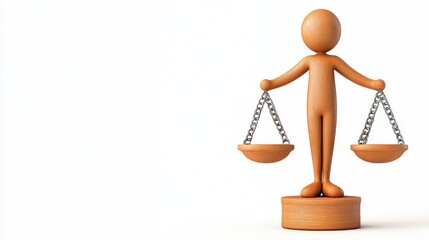 Wooden figurine representing justice with balanced scales symbolizing fairness and ethical integrity in a neutral setting