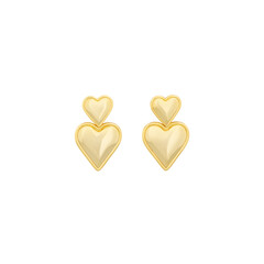 Gold earrings in the shape of hearts on a pure white background. Jewelry catalog.