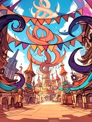 Festive fantasy town celebration.